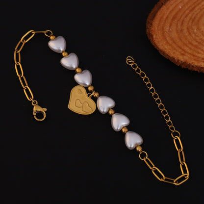 Heart Charm & Pearl Chain Bracelet Gold Plated – Double Layer, Anti-Tarnish, Waterproof, Minimalist Style (GOLD)