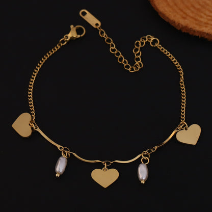 Heart Charm & Pearl Chain Bracelet Gold Plated – Single Layer, Anti-Tarnish, Waterproof, Minimalist Style (GOLD)