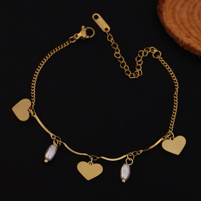 Heart Charm & Pearl Chain Bracelet Gold Plated – Single Layer, Anti-Tarnish, Waterproof, Minimalist Style (GOLD)