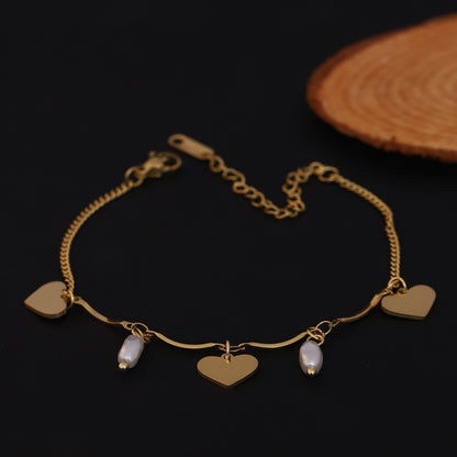 Heart Charm & Pearl Chain Bracelet Gold Plated – Single Layer, Anti-Tarnish, Waterproof, Minimalist Style (GOLD)