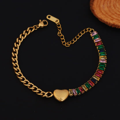 Heart with Multi Color Stones Chain Bracelet Gold Plated – Single Layer, Anti-Tarnish, Waterproof, Minimalist Style (GOLD)