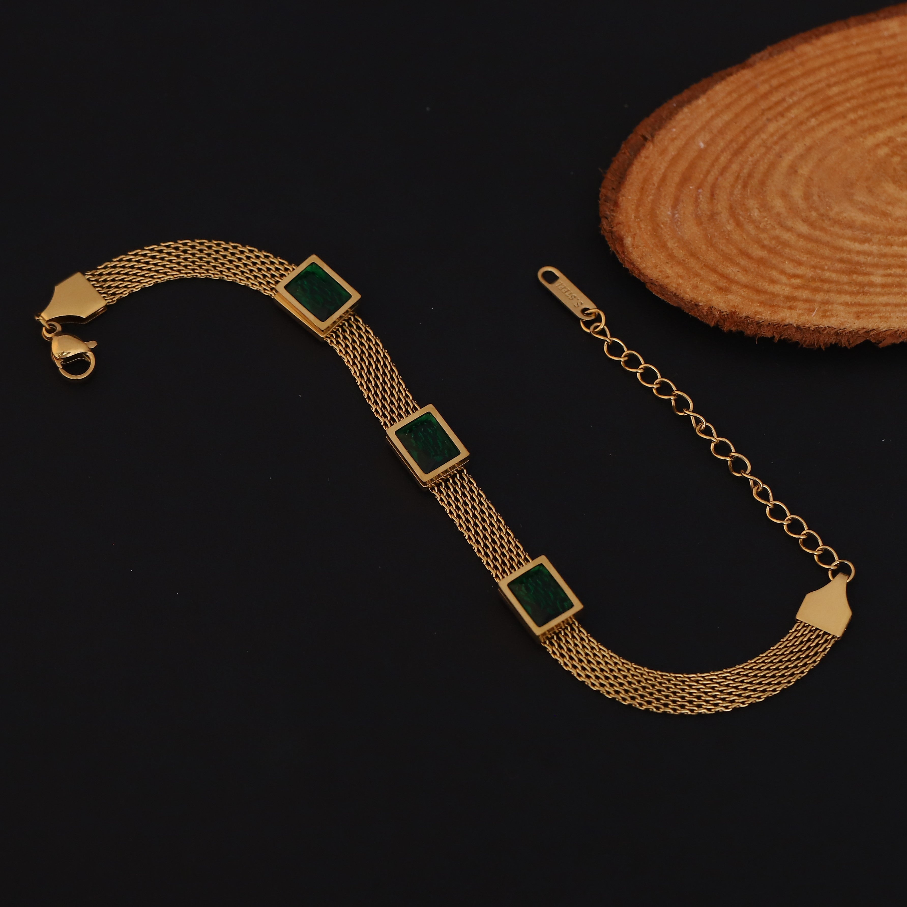 Honey Comb Green Stones Chain Bracelet Gold Plated – Single Layer, Anti-Tarnish, Waterproof (GOLD)