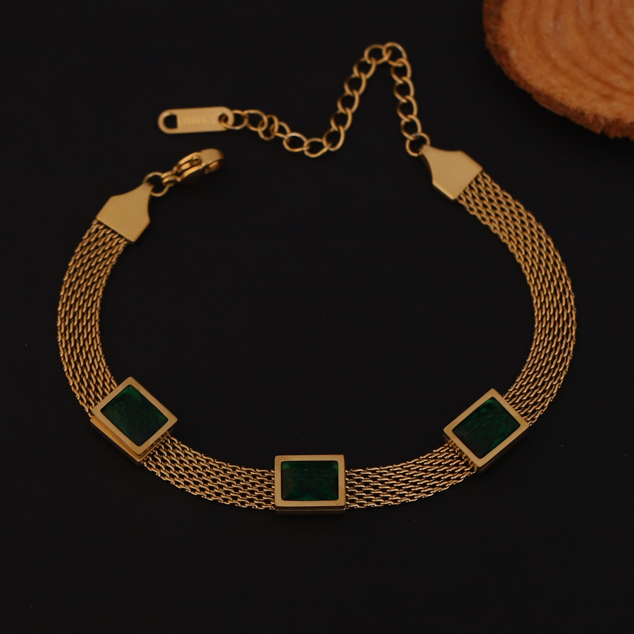 Honey Comb Green Stones Chain Bracelet Gold Plated – Single Layer, Anti-Tarnish, Waterproof (GOLD)