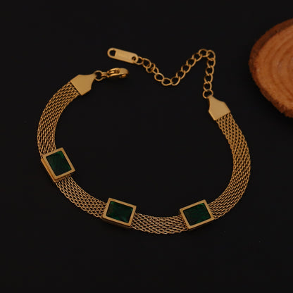 Honey Comb Green Stones Chain Bracelet Gold Plated – Single Layer, Anti-Tarnish, Waterproof (GOLD)