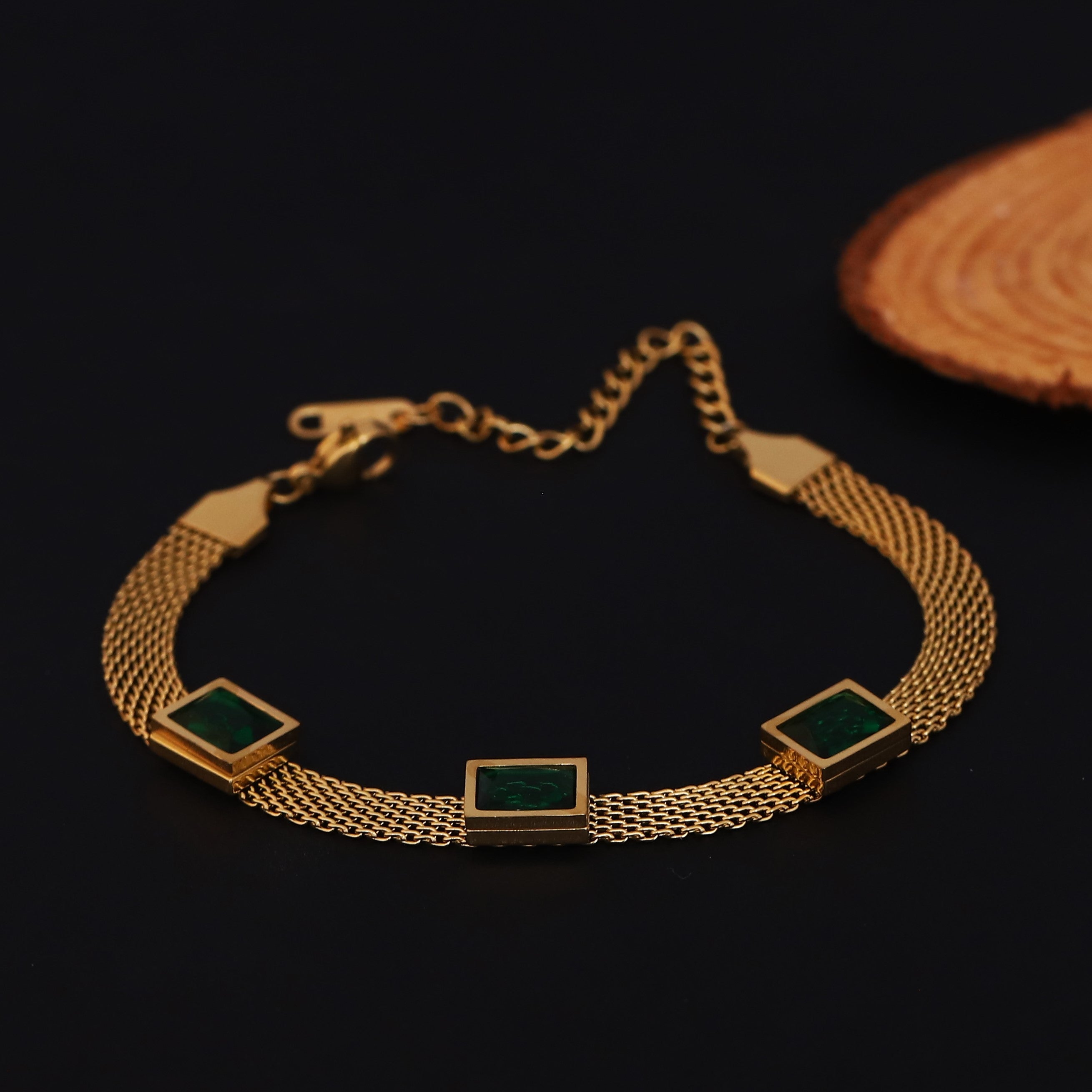 Honey Comb Green Stones Chain Bracelet Gold Plated – Single Layer, Anti-Tarnish, Waterproof (GOLD)