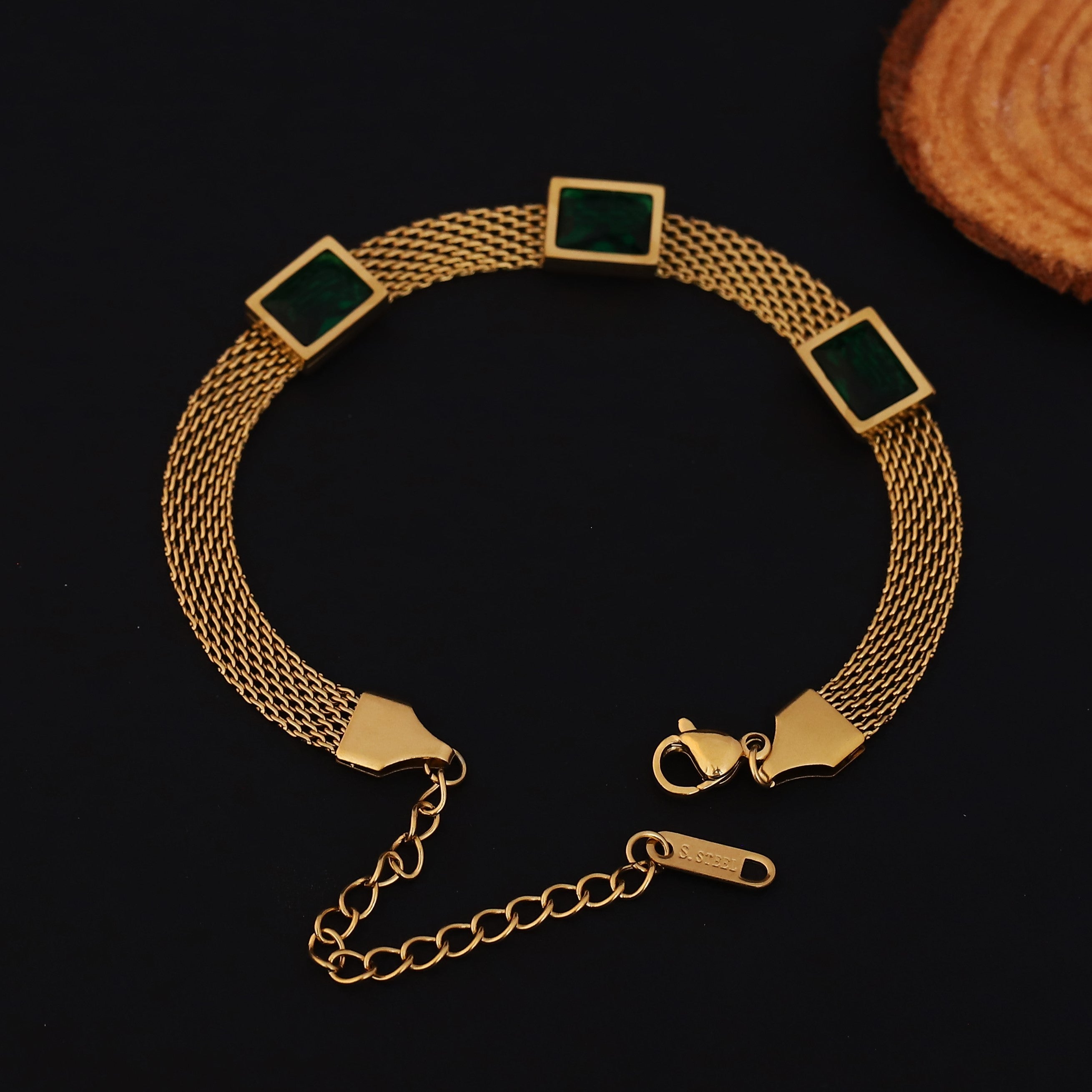 Honey Comb Green Stones Chain Bracelet Gold Plated – Single Layer, Anti-Tarnish, Waterproof (GOLD)