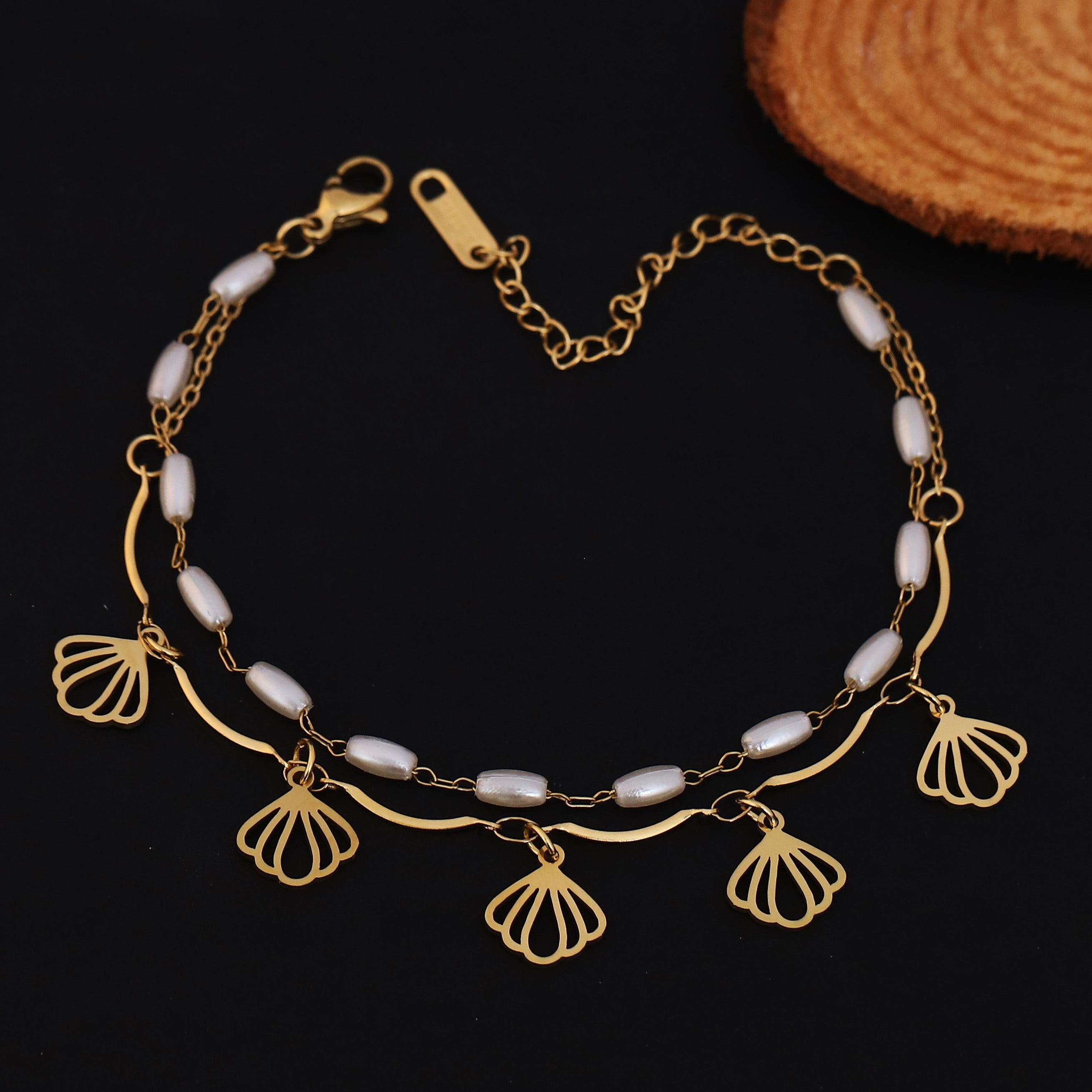 Shell Charm & Pearl Chain Bracelet Gold Plated – Double Layer, Anti-Tarnish, Waterproof, Minimalist Style (GOLD)