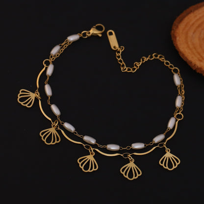 Shell Charm & Pearl Chain Bracelet Gold Plated – Double Layer, Anti-Tarnish, Waterproof, Minimalist Style (GOLD)