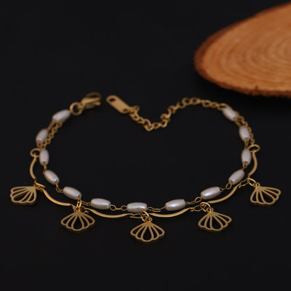 Shell Charm & Pearl Chain Bracelet Gold Plated – Double Layer, Anti-Tarnish, Waterproof, Minimalist Style (GOLD)