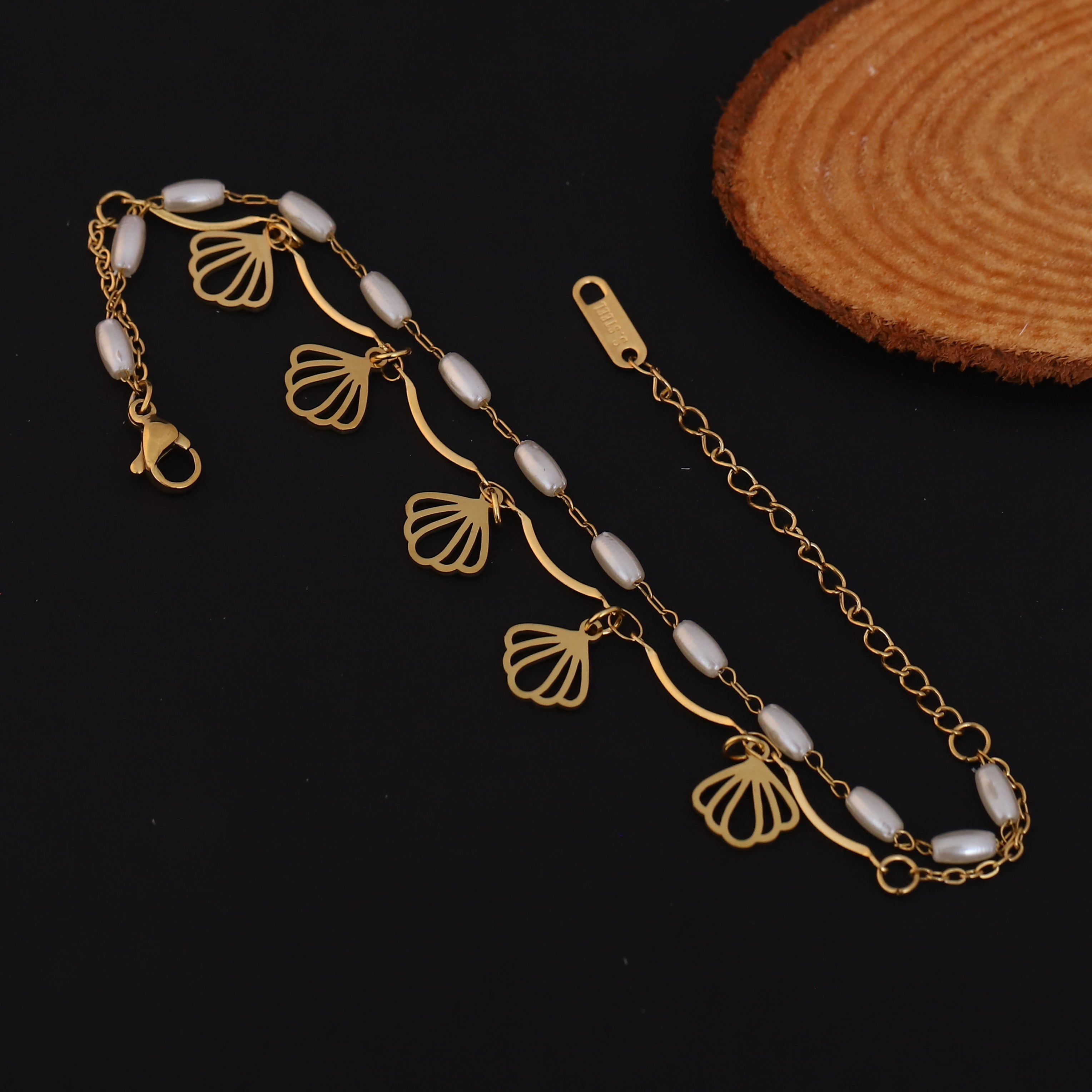 Shell Charm & Pearl Chain Bracelet Gold Plated – Double Layer, Anti-Tarnish, Waterproof, Minimalist Style (GOLD)