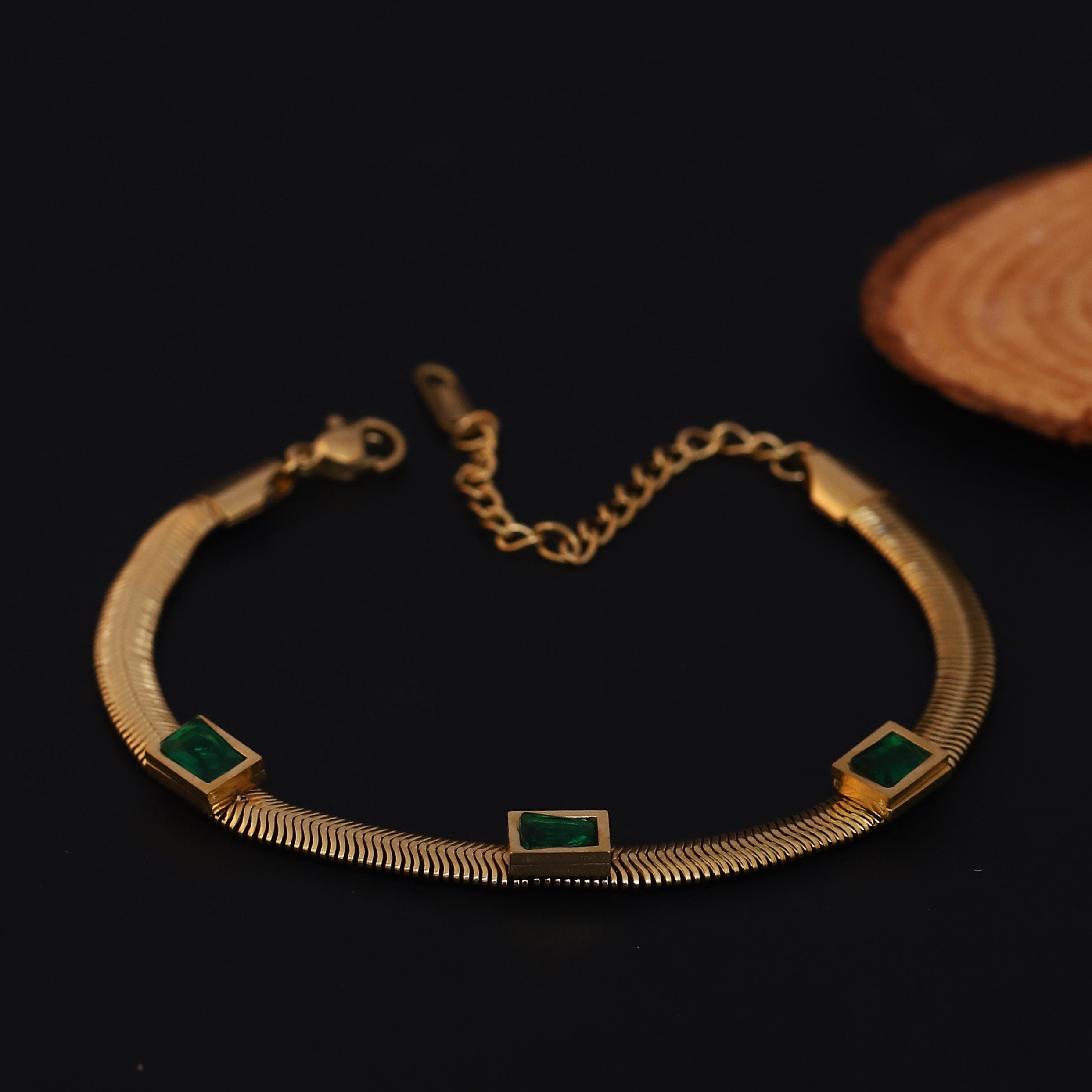 Honey Comb Green Stones Chain Bracelet Gold Plated – Single Layer, Anti-Tarnish, Waterproof (GOLD)
