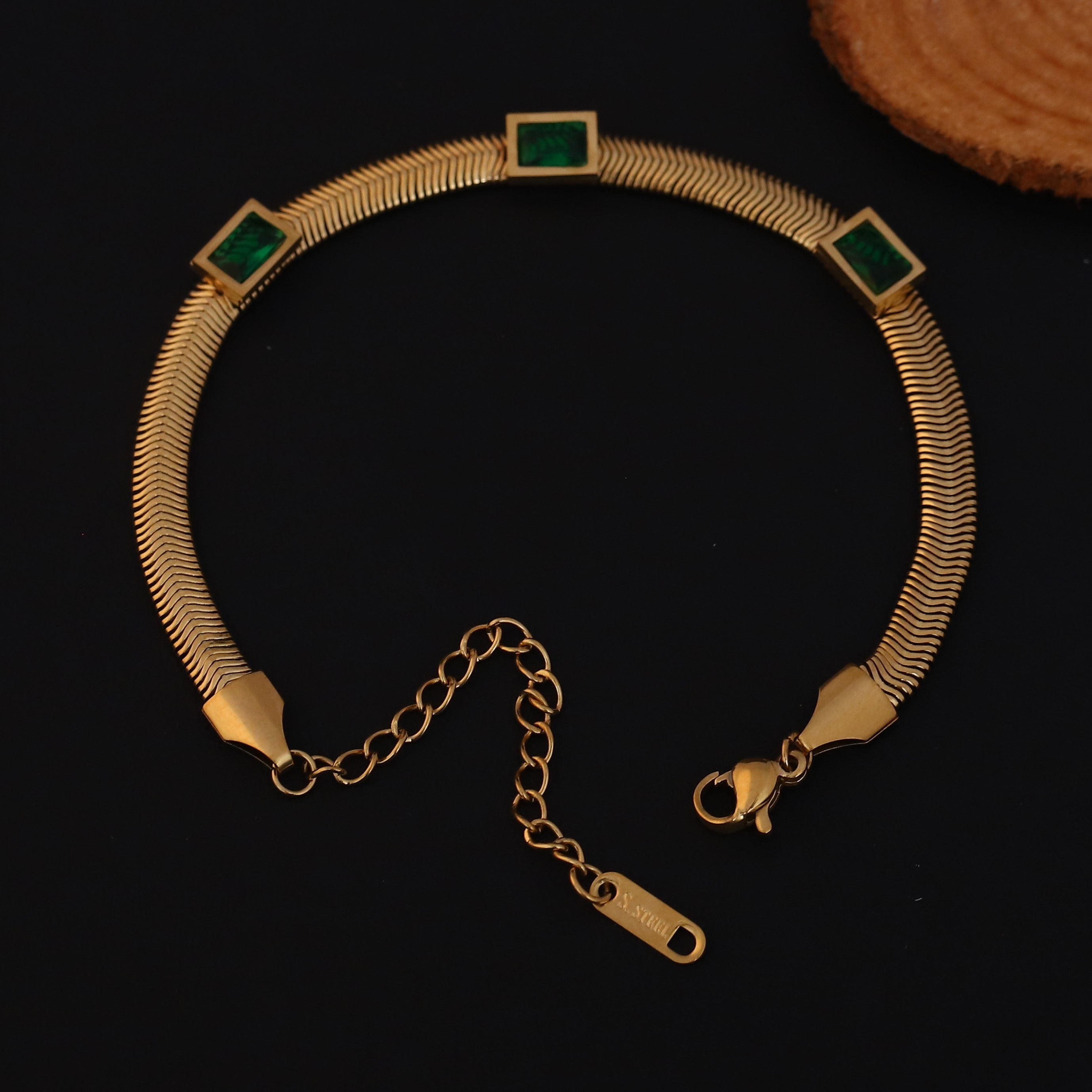 Honey Comb Green Stones Chain Bracelet Gold Plated – Single Layer, Anti-Tarnish, Waterproof (GOLD)