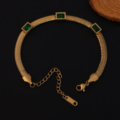 Honey Comb Green Stones Chain Bracelet Gold Plated – Single Layer, Anti-Tarnish, Waterproof (GOLD)
