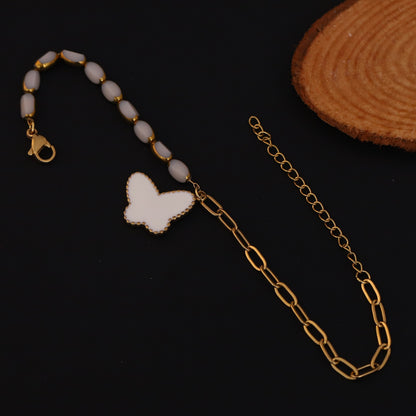 Butterfly Charm Pearl Chain Bracelet Gold Plated – Single Layer, Anti-Tarnish, Waterproof(GOLD)