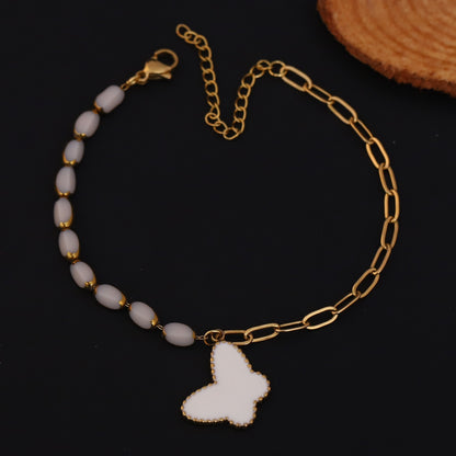 Butterfly Charm Pearl Chain Bracelet Gold Plated – Single Layer, Anti-Tarnish, Waterproof(GOLD)