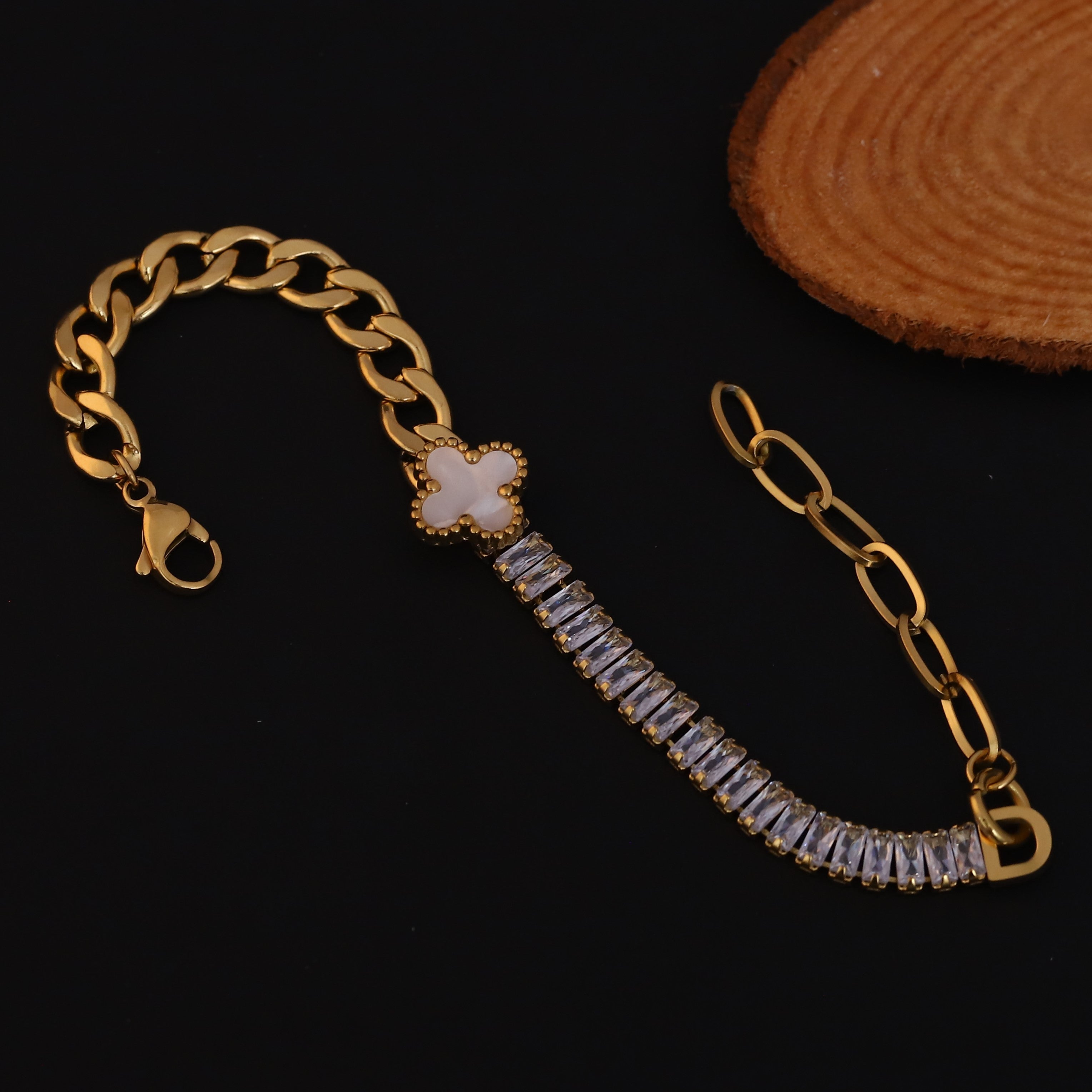 Flower with White Color Stones Chain Bracelet Gold Plated – Single Layer, Anti-Tarnish, Waterproof, Minimalist Style (GOLD)