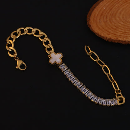 Flower with White Color Stones Chain Bracelet Gold Plated – Single Layer, Anti-Tarnish, Waterproof, Minimalist Style (GOLD)