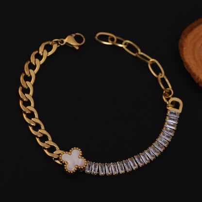 Flower with White Color Stones Chain Bracelet Gold Plated – Single Layer, Anti-Tarnish, Waterproof, Minimalist Style (GOLD)