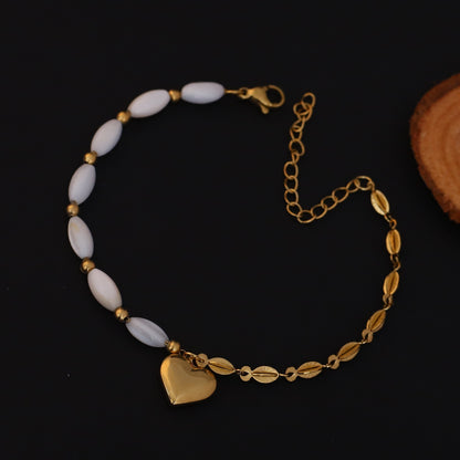 Heart Charm Pearl Chain Bracelet Gold Plated – Single Layer, Anti-Tarnish, Waterproof(GOLD)