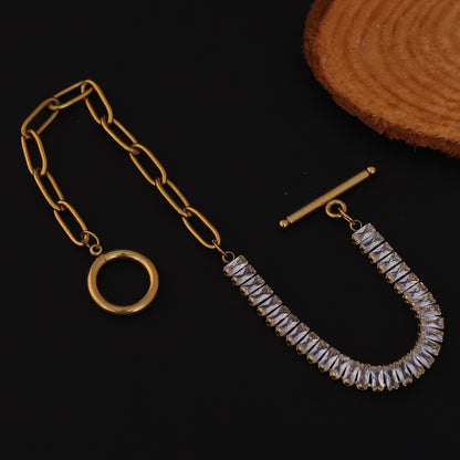 White Color Stones Chain Bracelet Gold Plated – Single Layer, Anti-Tarnish, Waterproof, Minimalist Style (GOLD)