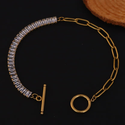 White Color Stones Chain Bracelet Gold Plated – Single Layer, Anti-Tarnish, Waterproof, Minimalist Style (GOLD)
