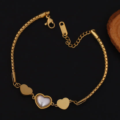 Heart Charm Pearl Chain Bracelet Gold Plated – Single Layer, Anti-Tarnish, Waterproof(GOLD)
