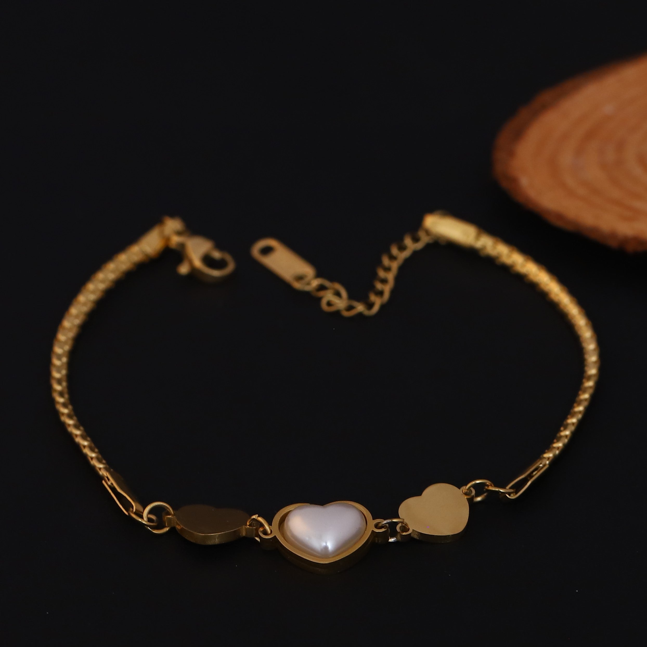 Heart Charm Pearl Chain Bracelet Gold Plated – Single Layer, Anti-Tarnish, Waterproof(GOLD)