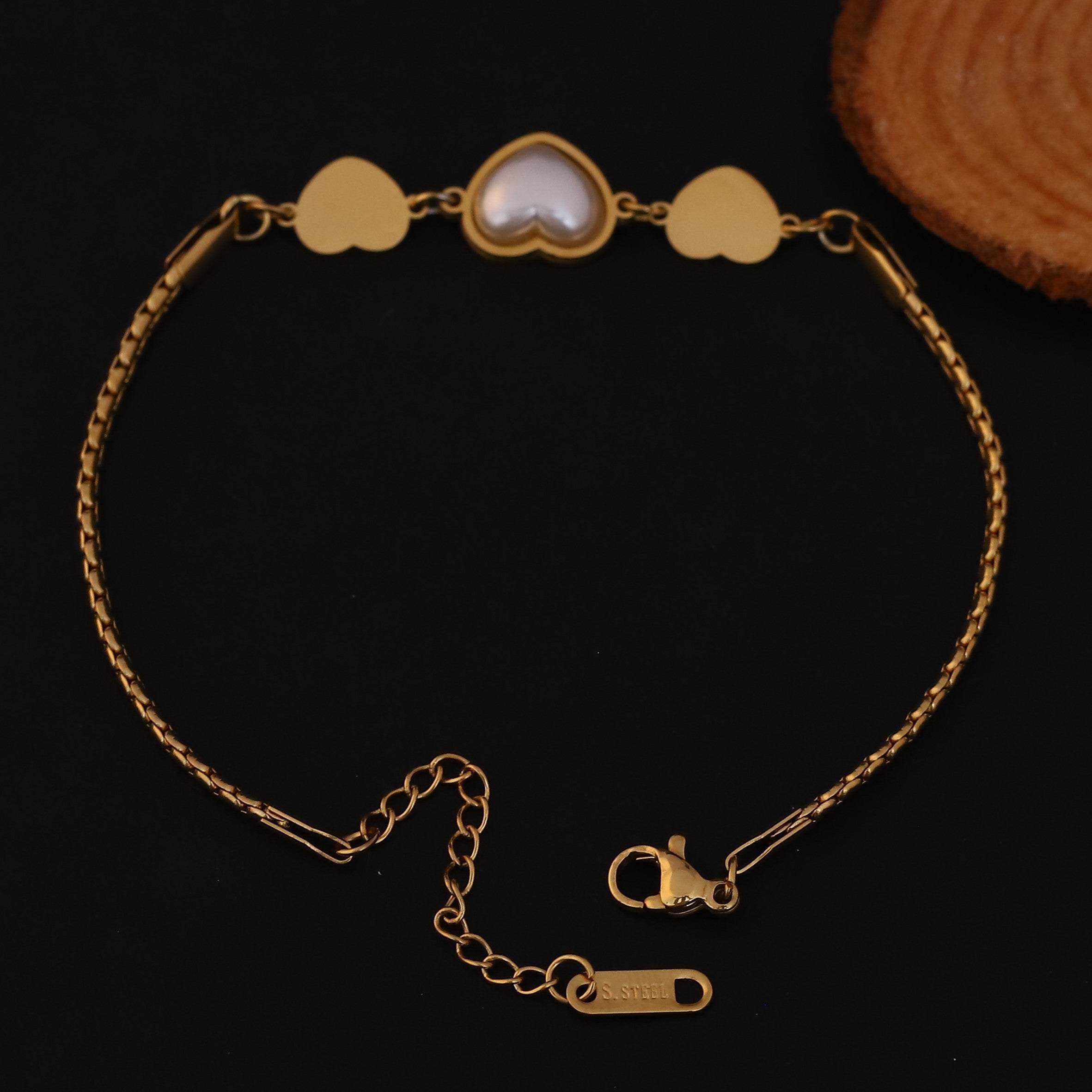 Heart Charm Pearl Chain Bracelet Gold Plated – Single Layer, Anti-Tarnish, Waterproof(GOLD)