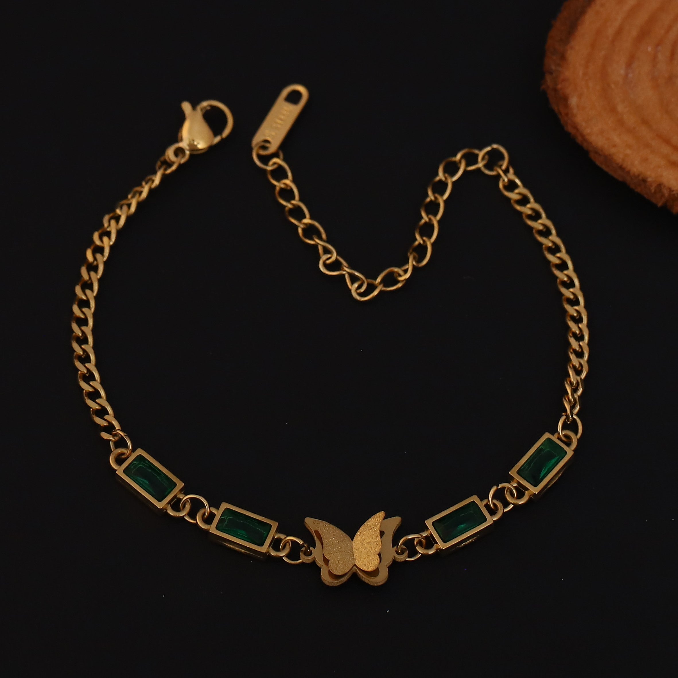 Butterfly Charms Green Stones Chain Bracelet Gold Plated – Single Layer, Anti-Tarnish, Waterproof (GOLD)