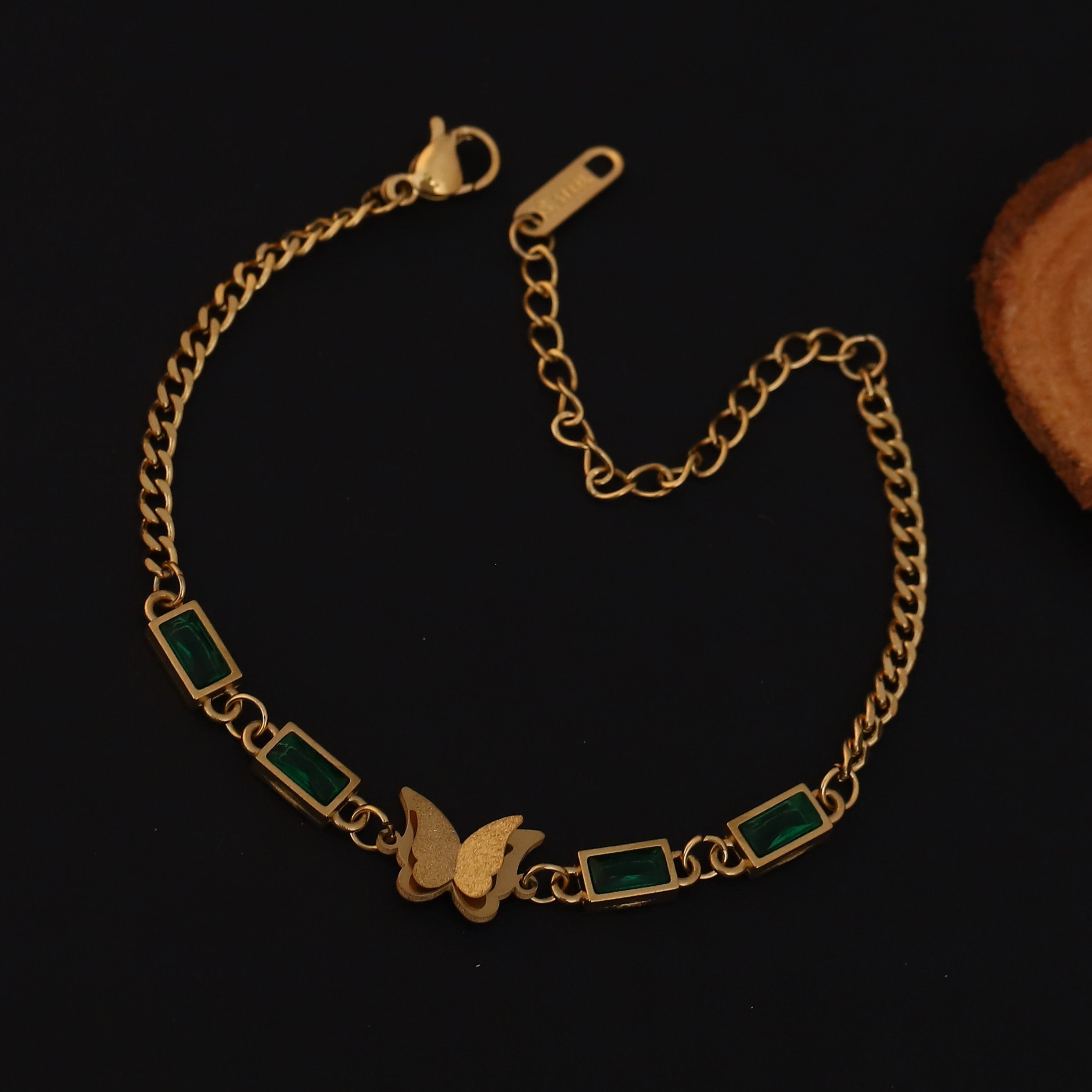 Butterfly Charms Green Stones Chain Bracelet Gold Plated – Single Layer, Anti-Tarnish, Waterproof (GOLD)