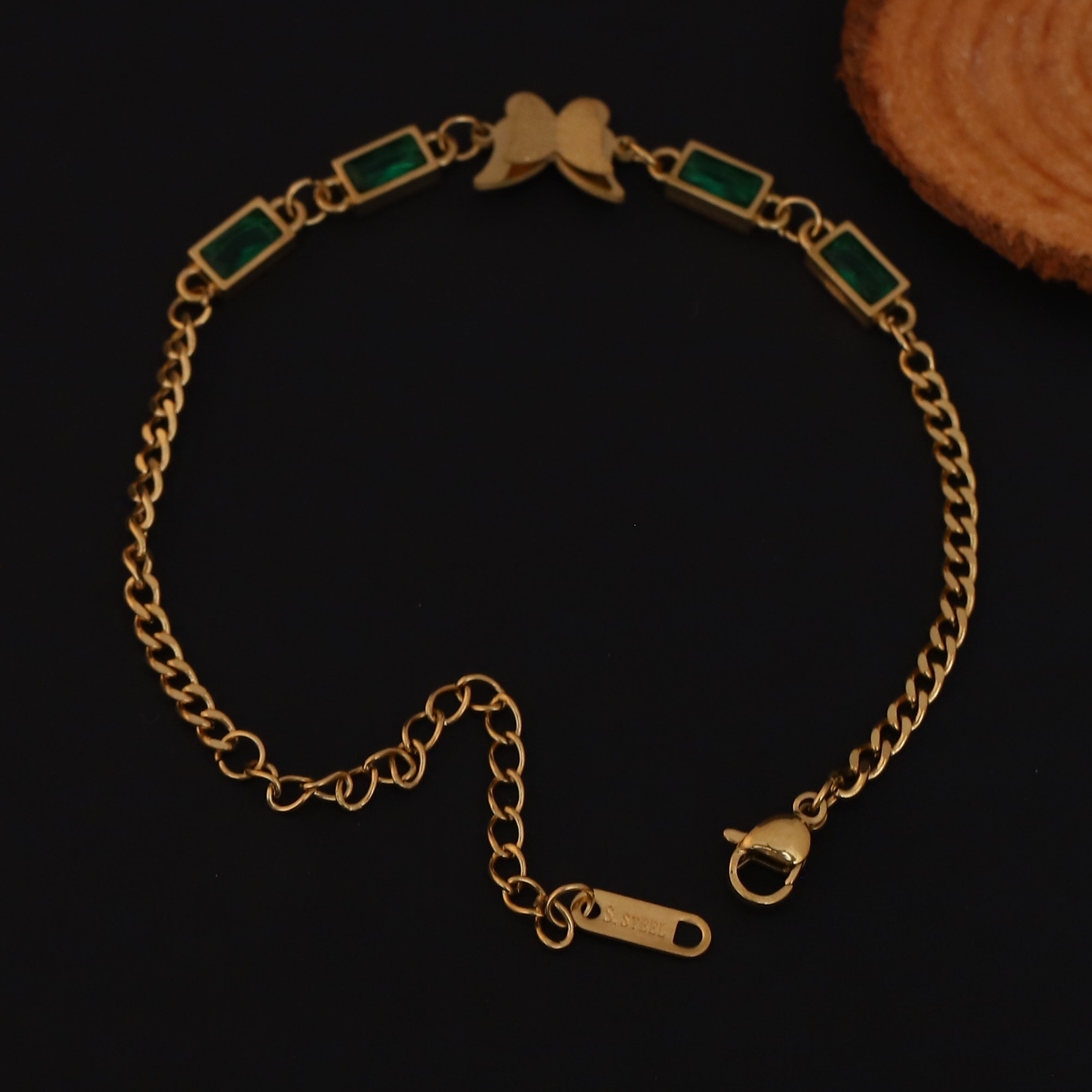 Butterfly Charms Green Stones Chain Bracelet Gold Plated – Single Layer, Anti-Tarnish, Waterproof (GOLD)