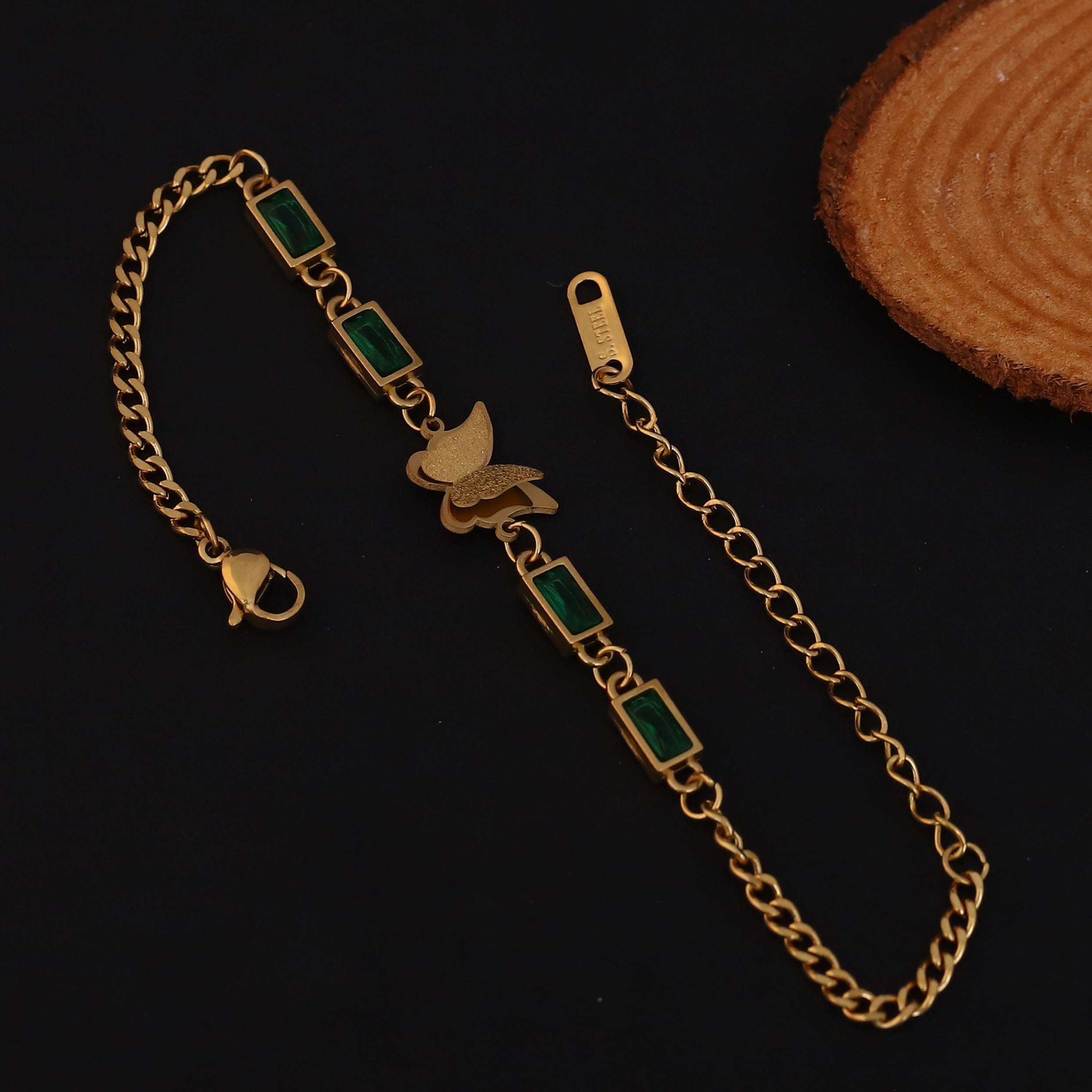 Butterfly Charms Green Stones Chain Bracelet Gold Plated – Single Layer, Anti-Tarnish, Waterproof (GOLD)