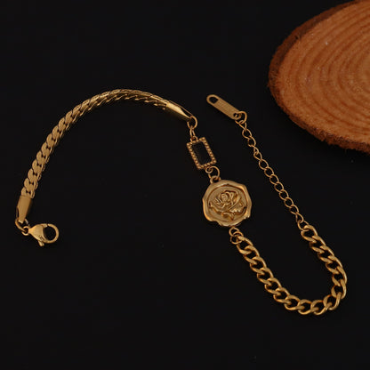 Rose Charms Green Stone Chain Bracelet Gold Plated – Double Layer, Anti-Tarnish, Waterproof, Minimalist Style (GOLD)
