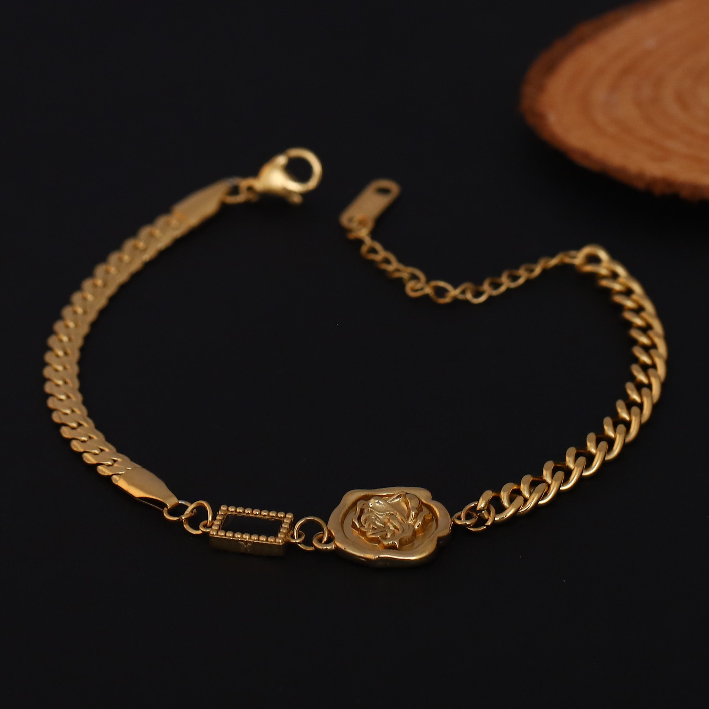 Rose Charms Green Stone Chain Bracelet Gold Plated – Double Layer, Anti-Tarnish, Waterproof, Minimalist Style (GOLD)