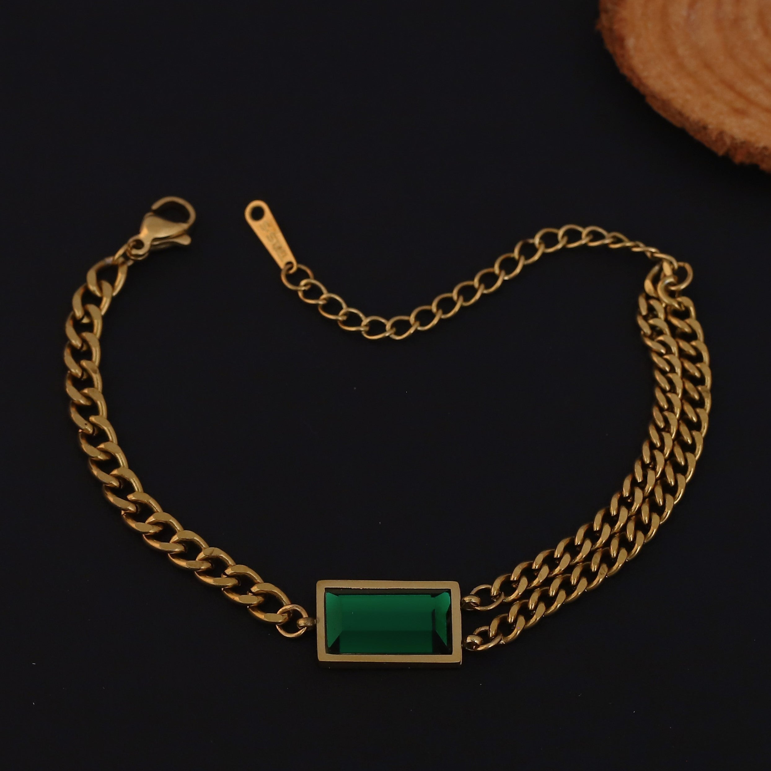 Green Stone Chain Bracelet Gold Plated – Double Layer, Anti-Tarnish, Waterproof, Minimalist Style (GOLD)