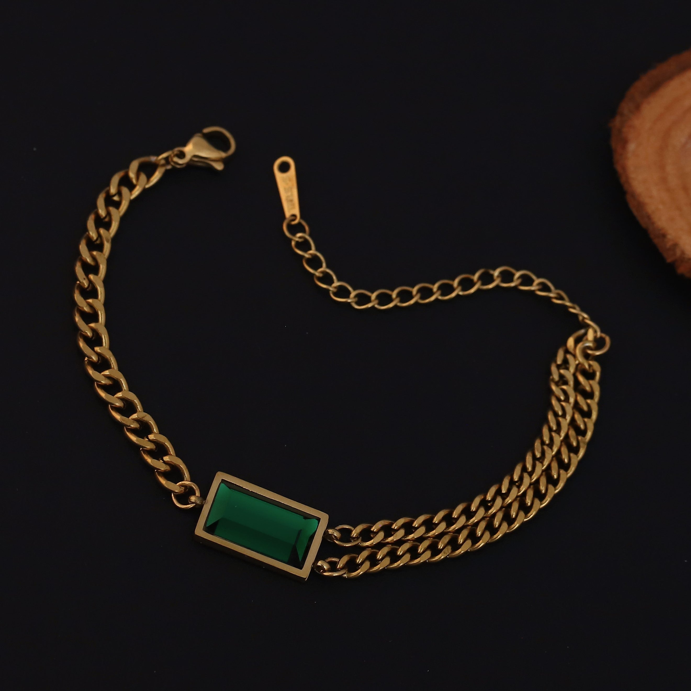 Green Stone Chain Bracelet Gold Plated – Double Layer, Anti-Tarnish, Waterproof, Minimalist Style (GOLD)