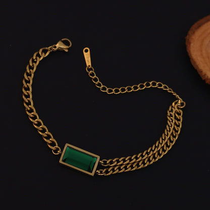 Green Stone Chain Bracelet Gold Plated – Double Layer, Anti-Tarnish, Waterproof, Minimalist Style (GOLD)