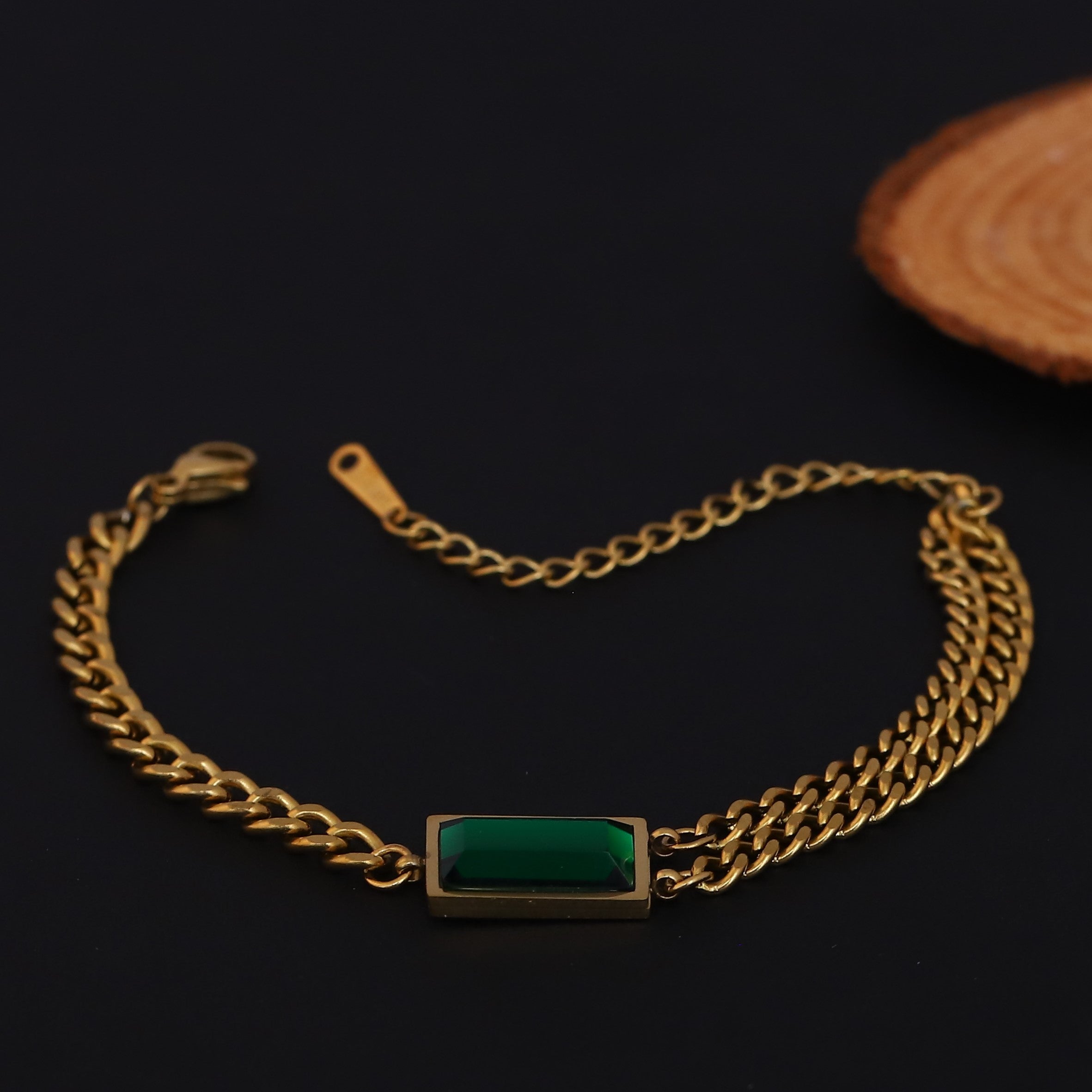 Green Stone Chain Bracelet Gold Plated – Double Layer, Anti-Tarnish, Waterproof, Minimalist Style (GOLD)