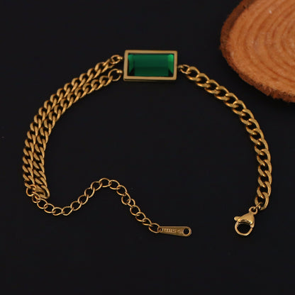 Green Stone Chain Bracelet Gold Plated – Double Layer, Anti-Tarnish, Waterproof, Minimalist Style (GOLD)