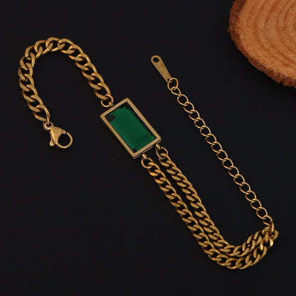 Green Stone Chain Bracelet Gold Plated – Double Layer, Anti-Tarnish, Waterproof, Minimalist Style (GOLD)