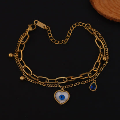 Evil Eye Chain Bracelet Gold Plated – Double Layer, Anti-Tarnish, Waterproof, Minimalist Style (GOLD)