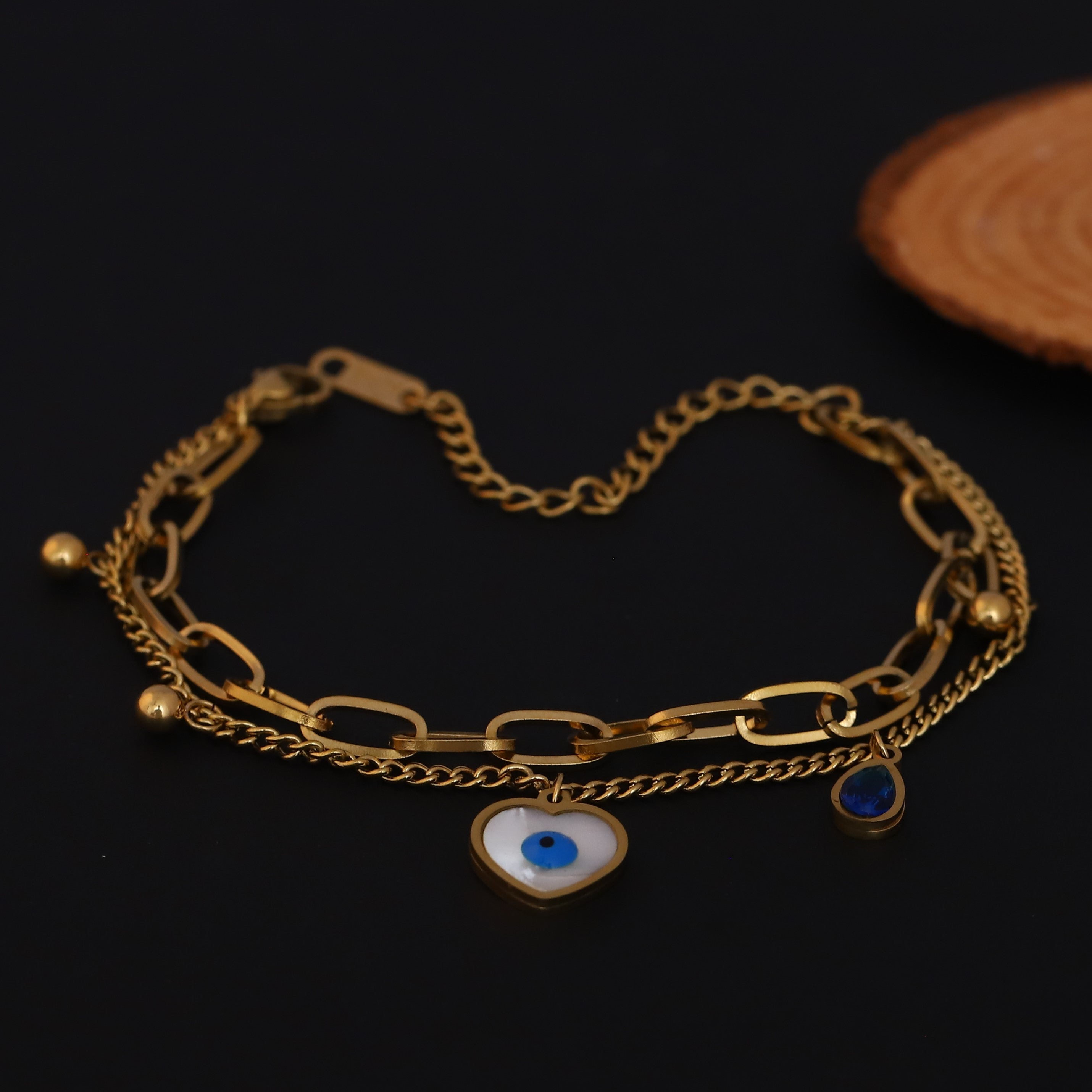 Evil Eye Chain Bracelet Gold Plated – Double Layer, Anti-Tarnish, Waterproof, Minimalist Style (GOLD)