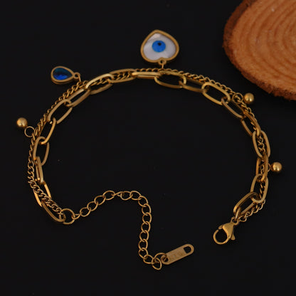 Evil Eye Chain Bracelet Gold Plated – Double Layer, Anti-Tarnish, Waterproof, Minimalist Style (GOLD)