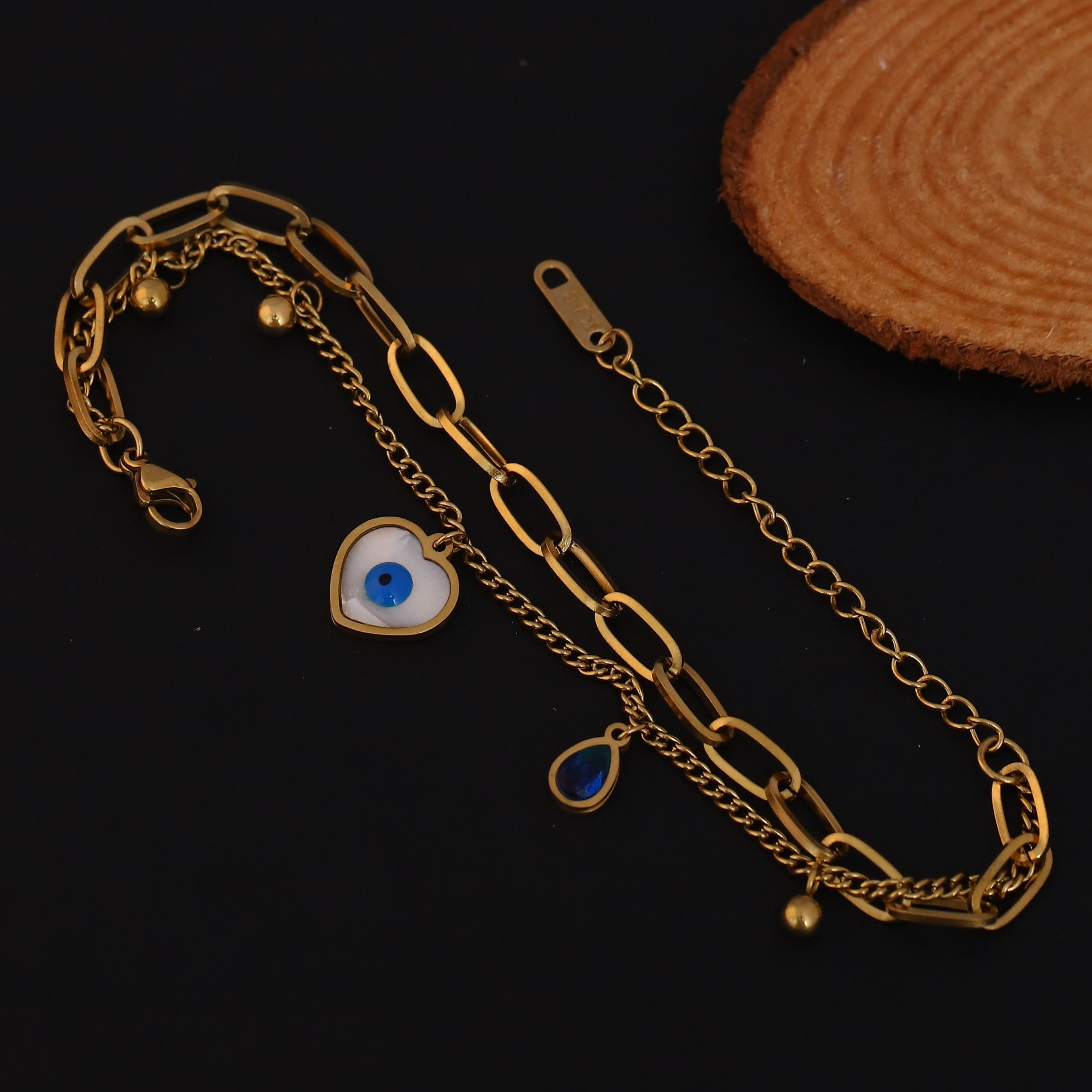 Evil Eye Chain Bracelet Gold Plated – Double Layer, Anti-Tarnish, Waterproof, Minimalist Style (GOLD)
