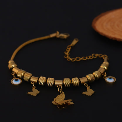 Butterfly Evil Eye Charms Chain Bracelet Gold Plated – Single Layer, Anti-Tarnish, Waterproof, Minimalist Style (GOLD)