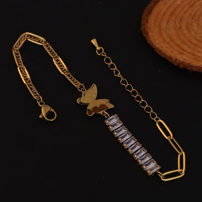 Butterfly White Color Stones Chain Bracelet Gold Plated – Single Layer, Anti-Tarnish, Waterproof, Minimalist Style (GOLD)