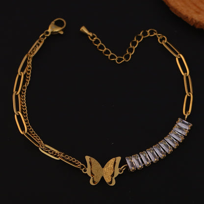 Butterfly White Color Stones Chain Bracelet Gold Plated – Single Layer, Anti-Tarnish, Waterproof, Minimalist Style (GOLD)
