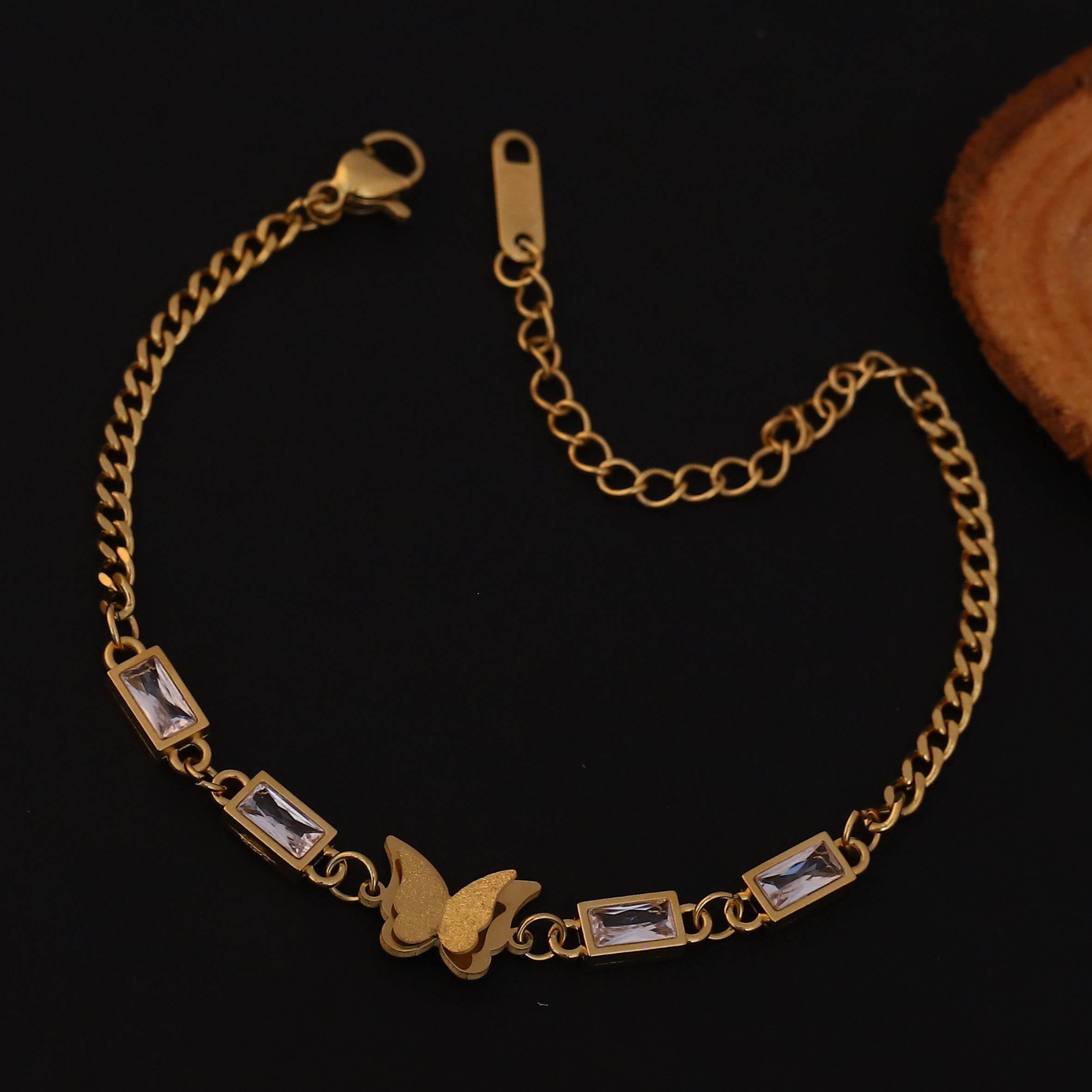Butterfly Charms White Stones Chain Bracelet Gold Plated – Single Layer, Anti-Tarnish, Waterproof (GOLD)
