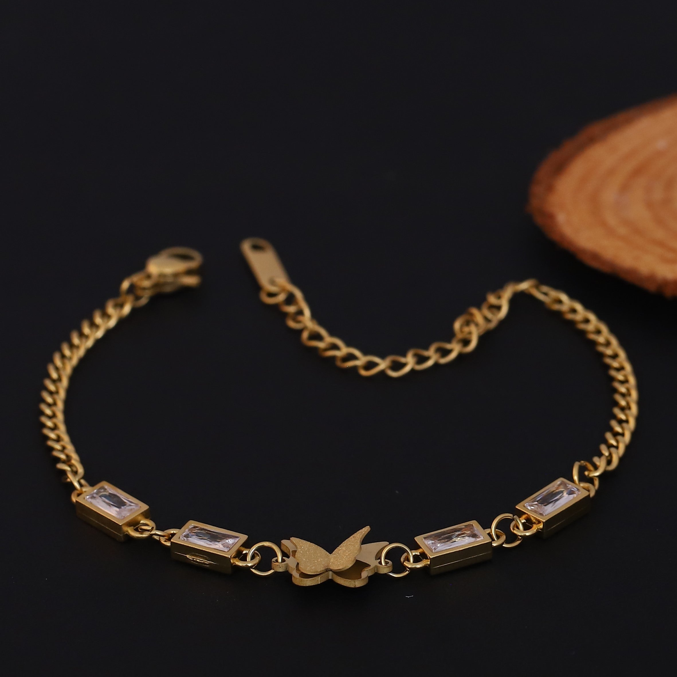 Butterfly Charms White Stones Chain Bracelet Gold Plated – Single Layer, Anti-Tarnish, Waterproof (GOLD)