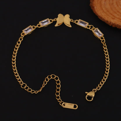 Butterfly Charms White Stones Chain Bracelet Gold Plated – Single Layer, Anti-Tarnish, Waterproof (GOLD)